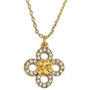 Tory Burch Gold Kira Clover Pave Logo Pendant Necklace